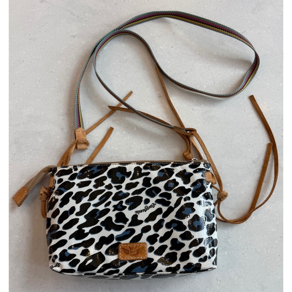 Consuela Blue Jag Leopard Print Crossbody Bag Glossy Coated Canvas Small